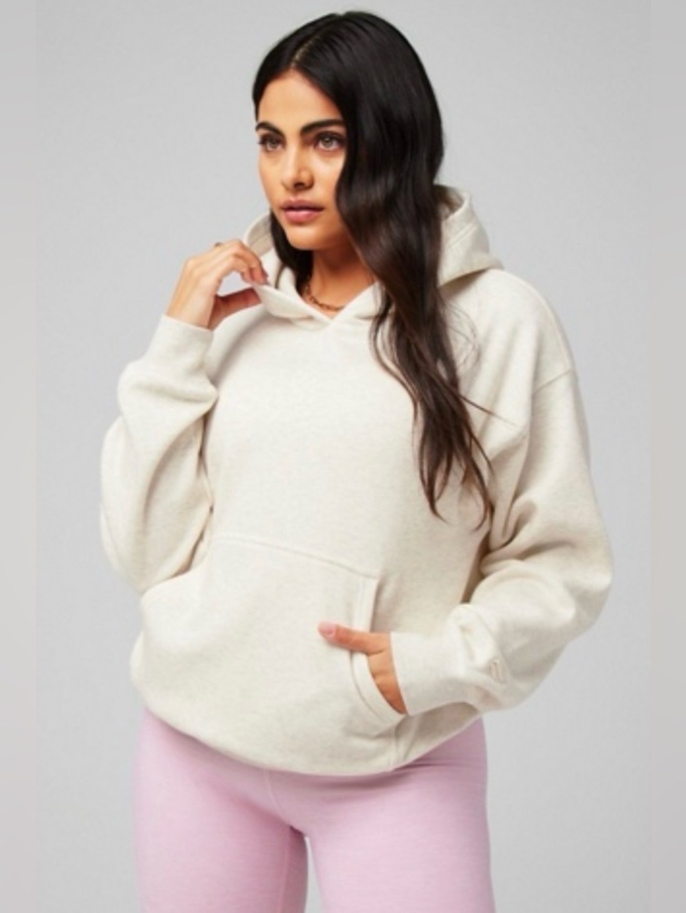 Fabletics Cozy Fleece Hoodie, color Bone Heather, size Large, EUC